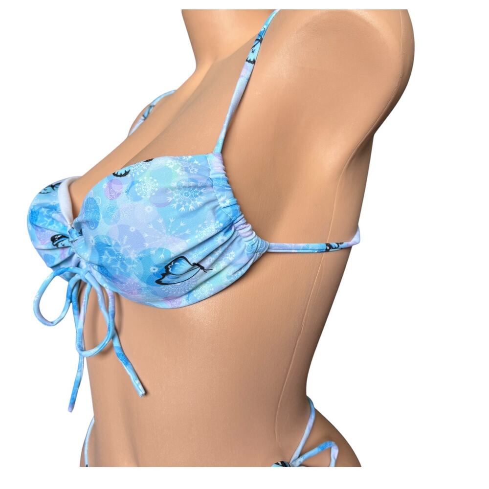 Oh Polly Y2K Blue Pastel Tie-Dye Butterfly Ruched String Mini Thong Bikini Set - Picture 6 of 9
